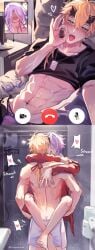 2boys abs before_and_after blonde_hair blush carrying condom condom_wrapper cuppydraws dog_tags facetime gay genshin_impact green_eyes heart hearts hi_res hug instant_loss_2koma inviting_to_sex kamisato_ayato kissing looking_at_viewer male male_only naughty_face navel_piercing nosebleed phone phone_screen piercing selfie sex shirt_lift standing_sex stomach sweat thoma_(genshin_impact) toilet toned toned_male tongue video_call yaoi