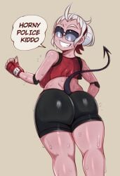 1girls ass back_view big_ass big_butt demon demon_girl demon_tail fat_ass female female_only helltaker justice_(helltaker) large_ass looking_back police saltyxodium solo solo_female sportswear sunglasses sweat tail thick thick_ass thick_thighs tinted_eyewear tomboy voluptuous