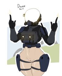 1girls artlegionary asking bottomless commando_(risk_of_rain) gesture hairless_pussy helmet light-skinned_female light_skin partially_clothed pussy pussy_lips risk_of_rain risk_of_rain_2 rule_63 simple_background solo standing text thick_thighs thigh_strap thigh_straps