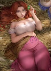 1girls 2022 alternate_breast_size blue_eyes breasts clothed clothed_female female female_only hips holding_object hylian indoors kittew large_breasts long_hair lying_on_back malon nintendo ocarina_of_time pointy_ears red_hair rupee slim_waist the_legend_of_zelda thick_lips tight_clothing wide_hips