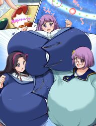 2020 3girls aikatsu! black_hair breast_expansion breast_to_breast breasts english english_text expansion female_focus female_only gigantic_breasts glasses hikami_sumire huge_breasts hyper hyper_breasts kurocaze long_hair massive_breasts matching_hair/eyes nanakura_koharu purple_eyes purple_hair shirakaba_risa short_hair speech_bubble text top_heavy upper_body