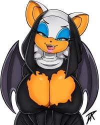 1girls anthro big_breasts blue_eyes breasts cleavage cleavage_cutout color dalley_le_alpha eye_contact female half-closed_eyes huge_breasts looking_at_viewer nun nun's_habit nun_outfit ragged_clothing ripped_clothing rouge_the_bat sega solo sonic_(series) tongue tongue_out uekawa_style voluptuous white_background wide_hips