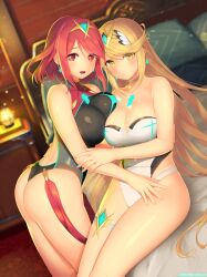 2girls absurd_res ass bed blonde_hair blush breast_press breasts bubble_butt busty cleavage core_crystal curvy earrings female female_only highres hips hourglass_figure incest kashiwamochi_yomogi large_ass large_breasts long_hair looking_at_viewer monolith_soft mythra mythra_(radiant_beach)_(xenoblade) nintendo on_bed pyra pyra_(pro_swimmer)_(xenoblade) red_eyes red_hair selfcest short_hair slim_waist smile smiling swimsuit thick_thighs thigh_strap thighs very_long_hair voluptuous wide_hips xenoblade_(series) xenoblade_chronicles_2 yellow_eyes yuri