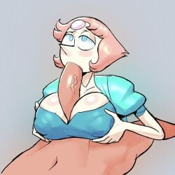 1boy 1girls 2d athletic_female big_breasts big_penis blowjob blue_eyes blush boobjob breasts cartoon_network clothed_female_nude_male cock dick fellatio female gem_(species) human human_penetrating just_the_tip light_skin oral paizuri pale_skin pearl_(steven_universe) penis short_hair simple_background steven_universe thehoeartist titfuck titjob unseen_male_face veiny_penis white_body