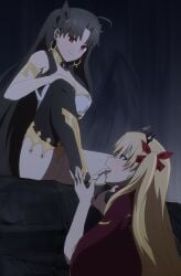 2girls arm_band black_hair blonde_hair blush blushing bow cleavage collar crown domination earrings ereshkigal_(fate) eyebrows eyebrows_visible_through_hair eyelashes fate/grand_order fate_(series) feet femdom femsub foot_fetish foot_focus foot_lick foot_worship footwear hair_ornament happy holding_foot holding_leg incest ishtar_(fate) ishtar_(fate/grand_order) kneeling leg_up licking_foot long_hair looking_at_another looking_down looking_up night red_eyes sisters sitting smile smirk soles stockings submission twintails worship yuri ze_r0_ze_r0