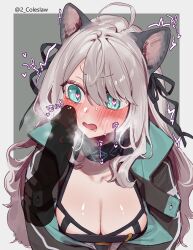 1boy absurdres animal_ears aqua_eyes arknights black_ribbon blush breasts cat_ears cleavage collarbone disembodied_penis female grey_hair hair_between_eyes hair_ribbon heart heart_in_eye highres jacket long_hair medium_breasts mint_(arknights) mirin_chikuwa open_mouth penis penis_awe ribbon solo_focus straight symbol_in_eye