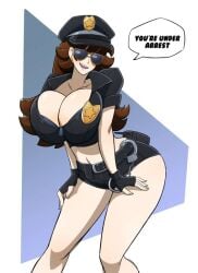 bra_cups_sticking_out breasts brown_hair cleavage costume emie_(kobi) hi_res hotpants huge_breasts kobi-tfs kobi94 large_ass long_hair long_legs navel original policewoman sunglasses text thick_thighs tinted_eyewear wide_hips