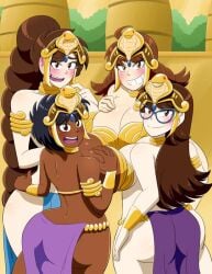 4girls ahoge almost_naked big_ass blush breasts brown_eyes brown_hair cleavage cosplay dark_skin emie_(kobi) genie glasses hand_on_breast harem harem_outfit hi_res jewelry kobi-tfs kobi94 kobi_(kobi) large_ass large_breasts light_brown_hair long_hair looking_at_viewer looking_back_at_viewer multiple_girls no_panties original shantae short_hair sideboob smiling_at_viewer smooth_skin thick_thighs uniform valerie_(kobi) wide_hips