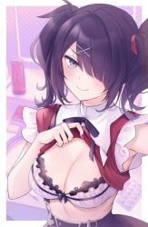 1girls ame-chan artist_request black_lace bra cleavage female female_focus female_only hair_over_one_eye lace lace-trimmed_bra lace_trim nail_polish needy_girl_overdose needy_streamer_overload shirt_lift smile solo source_request tagme twintails white_bra