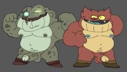 2022 amphibia amphibia_(series) amphibian anthro balls belly big_belly bog_(amphibia) boner captain_grime disney duo erection frog genitals green_body humanoid_genitalia humanoid_penis male male_only moobs nipples nude overweight overweight_male penis posduroo red_body simple_background smooth_skin