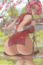 1girls 2022 alternate_breast_size arachnart artist_signature ass ass_focus ass_shot back back_view breasts bubble_butt female female_only green_eyes headband hips huge_ass large_breasts looking_at_viewer naruto naruto_(series) naruto_shippuden no_pants outdoors panties pink_hair red_clothing sakura_haruno short_dress short_hair slim_waist smile swing thick_thighs thighs thong white_panties wide_hips