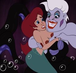 2girls ariel blue_eyes bra_removed disney disney_princess earrings eyelashes eyeshadow female female_only large_breasts lipstick long_hair mermaid multiple_girls nipples ortus1 purple_skin red_hair seashell_bra the_little_mermaid underwater ursula ursula_(the_little_mermaid) white_hair