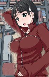 big_breasts clothed_female destruction giantess kirigaya_suguha laying_on_side macro ochiko_terada startled sword_art_online track_jacket