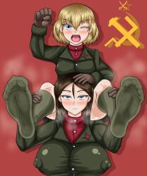 black_hair blonde_hair blue_eyes blush flat_chest girls_und_panzer katyusha large_breasts nonna_(girls_und_panzer) russian smell smelly_feet socks