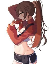 amber_(genshin_impact) bra breasts brown_hair genshin_impact gym_shorts long_hair midriff ponytail shorts very_long_hair ziro_(zirorong)