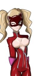 ann_takamaki atlus blonde_hair blue_eyes bodysuit breasts exposed_breasts female female_only gloves leather leather_bodysuit mask n3onfox persona persona_5 smile solo tagme twintails unzipped unzipped_bodysuit white_background wink zipper zipper_down zipper_pull_tab