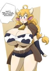 1girls bell_collar belt blonde_hair breast_expansion cow_girl cow_print cow_print_bra cowbell english_text female female_only hi_res horns hotpants hypnosis kobi-tfs kobi94 long_hair mind_control mooing navel pink_eyes rwby solo tail text thick_thighs thong underboob yang_xiao_long