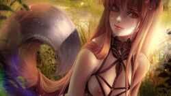 1girls axsens blush brown_hair female female_only harness holo kemonomimi large_breasts lingerie long_hair medium_breasts realistic red_eyes smile solo spice_and_wolf upper_body very_long_hair wolf_ears wolf_girl wolf_tail