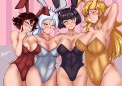 4girls aikiyun areola areola_slip black_hair blake_belladonna blonde_hair blue_eyes blush breasts bunny_ears bunnysuit cleavage faunus female female_only human lavender_eyes leotard long_hair multiple_girls ponytail red_hair ruby_rose rwby scar scar_across_eye short_hair silver_eyes smile team_rwby weiss_schnee white_hair wink yang_xiao_long yellow_eyes