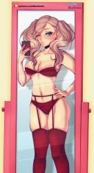 1girls ann_takamaki atlus blonde_hair blue_eyes breasts female female_only lingerie megami_tensei persona persona_5 red_lingerie rhoarietis solo tagme twintails