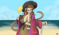 absurd_res anthro beach belt big_breasts blush breasts brown_hair clothed clothing coat ear_piercing ear_ring eyebrows eyelashes fangs female green_eyes hair haplorhine hat headgear headwear hi_res huge_breasts long_hair looking_at_viewer mammal melee_weapon monkey monkey_girl outside partially_clothed piercing pirate pirate_hat pirate_outfit primate raised_eyebrow sea seaside smile solo sword thick_thighs topwear undressing water weapon willikers