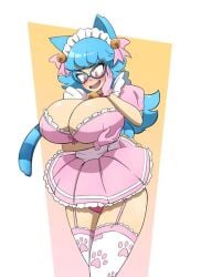 bell_collar big_ass blush breast_hold breasts cleavage emie_(kobi) glasses hand_on_face hi_res huge_breasts kobi-tfs kobi94 light_blue_hair long_hair maid maid_headdress mind_control original panties pink_eyes shy thick_thighs thighhighs wide_hips