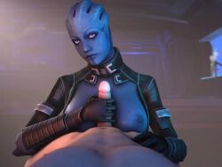 1boy 1girls 3d alien alien_girl animated aria_t'loak asari athletic_female blue_skin breasts breasts_out clothed_female_nude_male facial_markings gloves handjob human human_penetrating interspecies light-skinned_male mass_effect pov pov_eye_contact purple_eyes sfm skeletron27 sound source_filmmaker straight tagme video