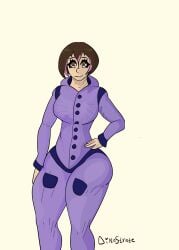 brown_eyes brown_hair dinostrate large_hips pink_highlights purple_clothing