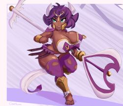 1girls action_pose armor axe big_breasts bovine brown_skin cow_girl cranihum greaves green_eyes heart horn leggings loincloth minotaur minotaur_female nipple_piercing original purple_hair sandals short_stack shortstack swinging_breasts vechy_(hazardburn)