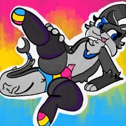 anthro anus blep clothing erection fish fur furry furry_only grey_body hybrid lagomorph legwear leporid lgbt_pride looking_away lying male male_only mammal marine outline pansexual_pride_colors presenting_crotch pride_colors rabbit raised_leg shark simple_background solo tail theenyface thigh_highs tongue tongue_out