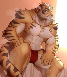 1boy abs almost_naked anthro bara blue_eyes bodypaint bottomwear bulge collar felid feline felis fur furry hand_on_knee hand_on_leg lin_hu male male_only mammal manly manspreading moobs muscular muscular_arms muscular_legs muscular_male nekojishi no_nipples partially_nude pecs red_underwear ryuulabo sauna serious sitting spread_legs stripes sweat tail thong tiger tiger_ears underwear