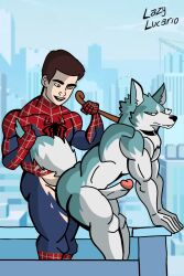 2021 2boys 5_fingers anal anal_sex andrew_garfield angry anthro brand_new_animal brown_hair collar crossover detailed_background erect_penis erection fur furry gay grabbing_tail grey_body grey_fur human human_on_anthro lazyken looking_back male male/male male_only male_penetrated male_penetrating male_penetrating_male marvel marvel_comics naked nude penis pet_collar peter_parker pulling retracted_foreskin ripped_clothes ripped_clothing shirou_ogami smooth_fur spider-man spider-man_(series) standing standing_sex studio_trigger superhero white_fur yaoi