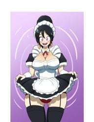 ass_visible_through_thighs big_ass big_breasts bimbo bimbofication black_hair brainwashing bun_hair earrings hi_res kobi-tfs kobi94 lifting_skirt looking_at_viewer maid maid_headdress original panties pink_eyes ringed_eyes smiling_at_viewer thick_thighs thighhighs