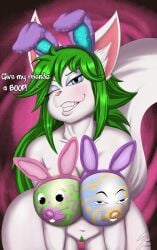 2d anthro areola ass big_breasts big_butt blue_eyes blush breasts canid canine clitoris clothing easter easter_breasts easter_bunny easter_egg erec_nipple female fox fur g4rron genitals green_hair hair hi_res holidays looking_at_viewer mammal navel nipples one_eye_closed paladins pink_nose pubes pussy salt_(paladins) simple_background smile solo text thick_thighs tight_clothing white_body white_fur