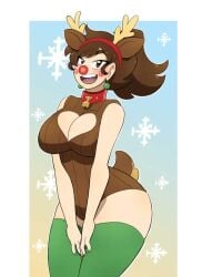 bell_collar big_ass blush breasts brown_hair christmas cleavage cleavage_cutout earrings headband hi_res kobi-tfs kobi94 kobi_(kobi) large_breasts leotard looking_at_viewer original ponytail reindeer_costume smiling_at_viewer snow thick_thighs thighhighs wide_hips