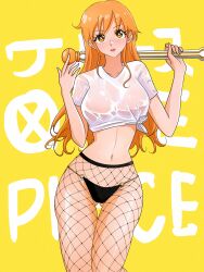 1girls big_breasts blush breasts brown_eyes clima-tact curvy female female_only fishnet_legwear fishnet_pantyhose fishnets front_view long_hair midriff midriff_baring_shirt nami navel one_piece opalisart orange_hair panties see-through see-through_clothing shirt_up slim slim_waist solo standing tattoo thick_thighs thong tied_shirt wet wet_shirt wide_hips yellow_background