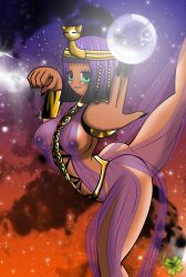 bob_cut dark-skinned_female dark_skin egyptian eyelashes eyeshadow female green_eyes harem_outfit large_breasts lucky-jj menat see-through see-through_clothing short_hair solo street_fighter