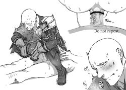 2boys anal anal_sex bald bar_censor blush clothed_male_nude_male clothed_sex dark_souls fromsoftware gay kamezaemon male male_only monochrome patches_(fromsoftware) squatting sweat unbreakable_patches veiny_penis yaoi zaemon