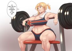 alternate_body_size alternate_breast_size barbell better_with_salt bike_shorts blonde_hair bottle breasts cleavage curvy english_text female girls'_frontline green_eyes huge_breasts muscular muscular_female sitting smile solo sportswear sweat thick_thighs thighs water_bottle welrod_mkii_(girls'_frontline) wide_hips