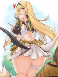 1boy 1girls 2021 big_breasts blonde_hair breasts earrings female hips huge_breasts kurocaze large_breasts long_hair looking_back male mythra nintendo thick_thighs thighs tora_(xenoblade) wide_hips xenoblade_(series) xenoblade_chronicles_2 yellow_eyes