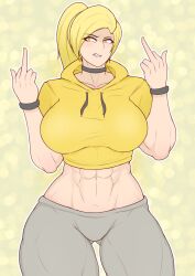 abs middle_finger muscular muscular_female pinkdiablo thick_thighs yellow_eyes yellow_hair