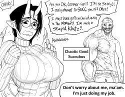 1boy 1girls 2022 absurd_res accidental_circumstance after_oral alignment_chart apologizing ashamed bb_(baalbuddy) beard belt biceps blush breasts clothed clothing coomer demon_girl demon_horns demon_wings dialogue energy_drain english_text erection erection_under_clothes female female_focus flying_sweatdrops glasses greyscale highres horns huge_breasts long_sleeves looking_at_another looking_down male meme monochrome muscles muscular muscular_male navel nipples no_color open_mouth original pants pointy_ears ribbed_sweater round_glasses short_hair simple_background slq smile speech_bubble spikes standing succubus sweat sweatdrop sweater tears teeth text tired tongue topless turtleneck turtleneck_sweater wavy_mouth white_background wings