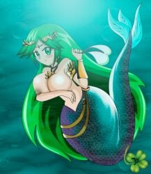 blush bra_removed female green_hair headwear kid_icarus lucky-jj mermaid necklace nintendo palutena solo very_long_hair