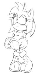 amy_rose anthro breasts covering_self covering_stomach female female_focus female_only monochrome pregnant raccoonshinobi sketch sonic_(series) sonic_the_hedgehog_(series)