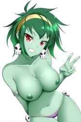 1girls 2d areolae belly_button big_breasts bikini_bottom bikini_bottom_only breasts earrings female female_focus female_only female_solo green_hair green_skin grin hand_between_legs headband highres kimmy77 looking_at_viewer nipples peace_sign red_eyes rottytops shantae short_hair skull_earrings smooth_skin solo solo_female teeth_showing thighs topless topless_female two_fingers_up v wayforward white_background zombie zombie_girl