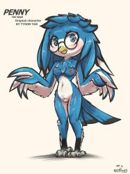 4_toes 5_fingers anthro avian barefoot beak biped bird blue_body blue_eyes blue_feathers blue_hair blush breasts chest_tuft digital_media_(artwork) english_text eyewear feather_hair feathers feet female fingers genitals glasses hair hi_res looking_at_viewer mammal navel nipples nottrevbe nude pseudo_hair pussy signature simple_background solo standing talons text toes tuft white_body white_feathers