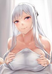 1boy 1girls ak-12_(girls'_frontline) alternate_breast_size backlighting bangs bare_shoulders big_breasts blush breast_squeeze breasts bulge collarbone erection erection_under_clothes female girls'_frontline half_updo kageshio_(276006) large_breasts light-skinned_female light-skinned_male light_skin long_hair looking_at_viewer male_pov paizuri paizuri_on_lap paizuri_under_clothes pov purple_eyes sidelocks smile straight towel white_hair