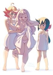 3girls amanda_o'neill barefoot breast_grab cloudxmoe constanze_amalie_von_braunschbank-albrechtsberger feet female_only jasminka_antonenko little_witch_academia multiple_girls navel panties plump towel white_background