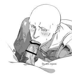 2boys bald blowjob blush dark_souls erection fellatio fromsoftware gay holding_penis kamezaemon male male_only monochrome oral patches_(fromsoftware) penis sweat unbreakable_patches veiny_penis yaoi zaemon