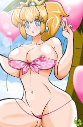 alternate_breast_size bikini blue_eyes crown earrings eyebrows_visible_through_hair female huge_breasts lucky-jj mario_(series) nintendo nipple_slip nipples orange_hair princess_peach solo thick_thighs wide_hips